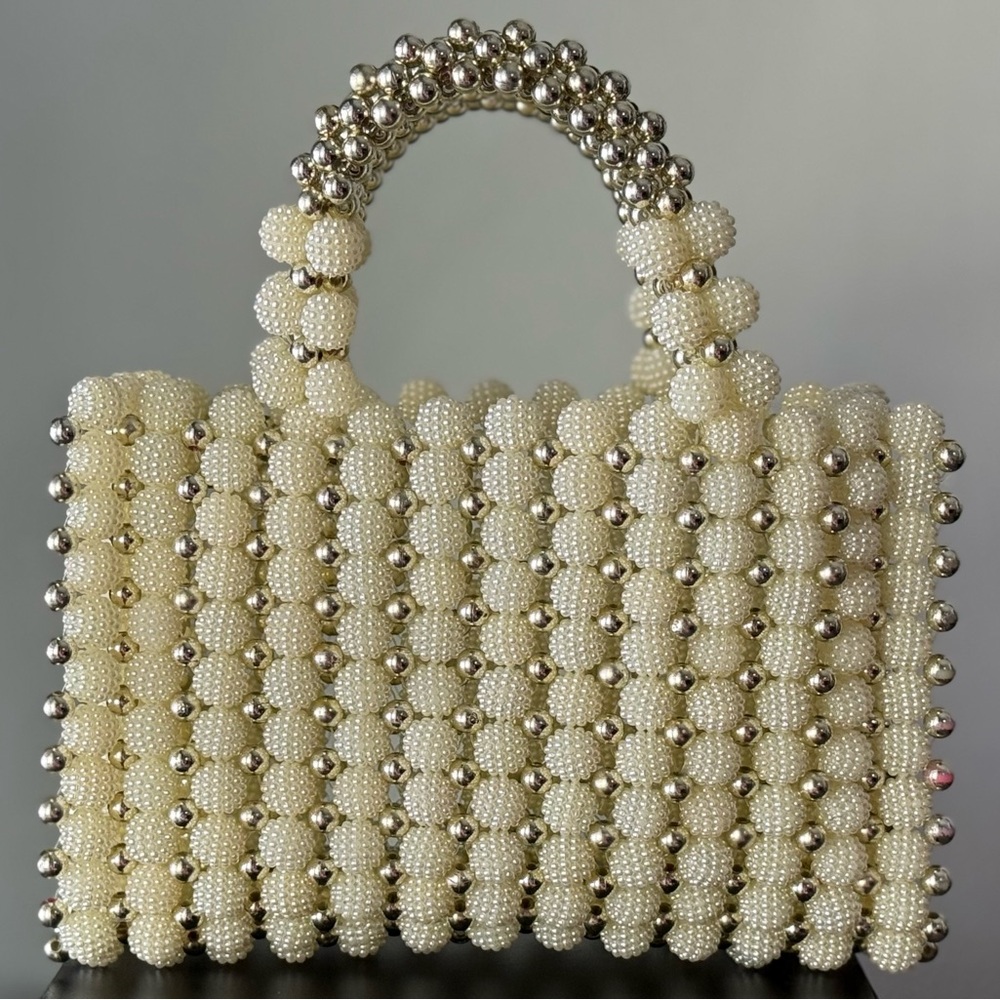Beaded Pearl Mini Top Handle Purse Bride Summer Evening Cream Ivory Silver Small